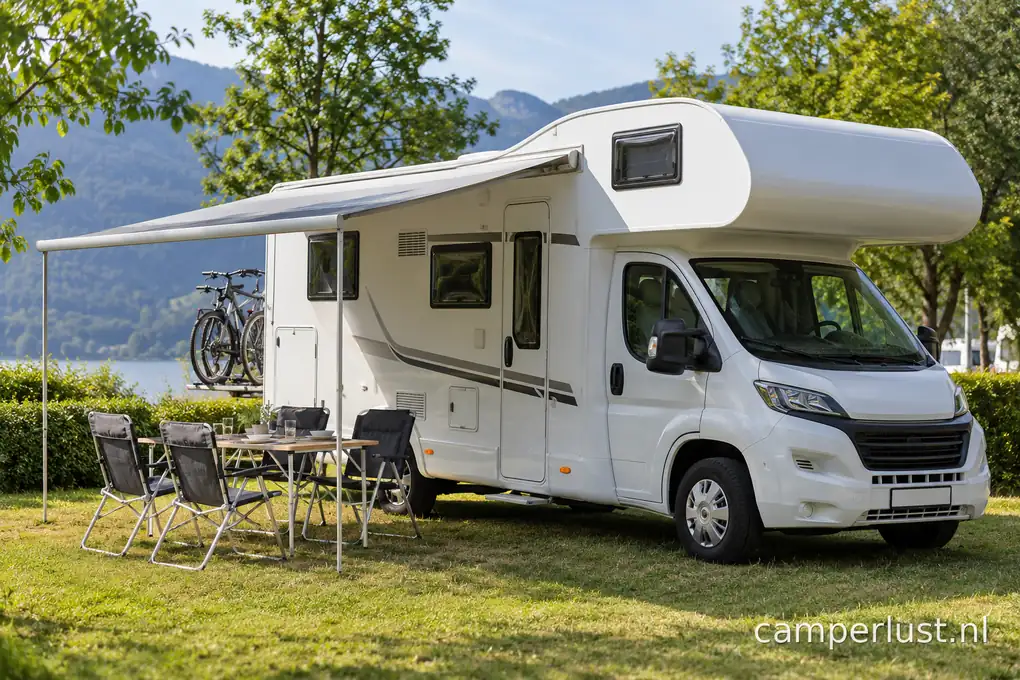 Alkoofcamper met luifel op een camping, met een tafel en vier stoelen ervoor